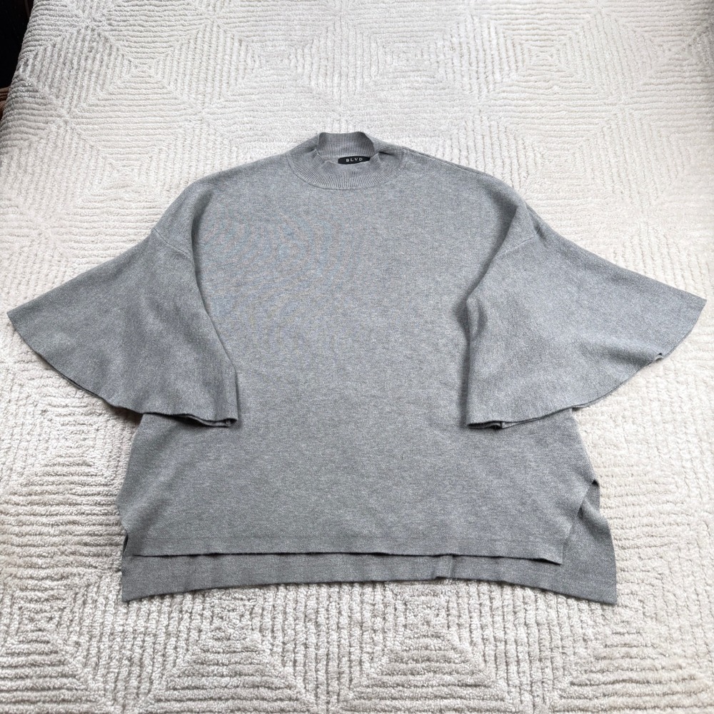 BLVD Knit Top Women's Medium Grey Mock Neck Flare Bell Sleeve Minimalist Modern